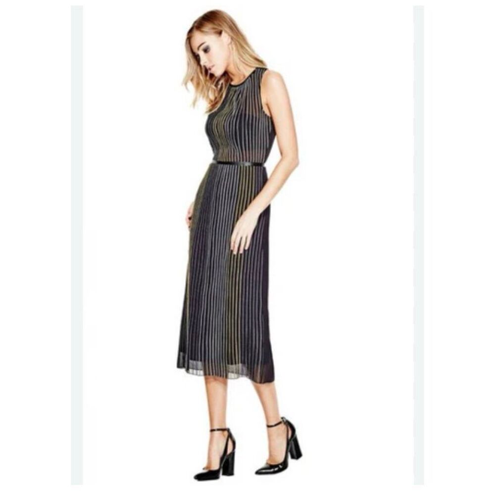 Guess Avril sleeveless ribbed chiffon black and gold striped dress - 8